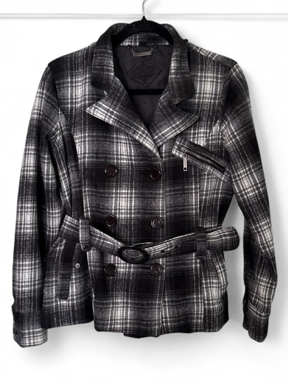 Jou Jou Black and Gray Plaid Belted Peacoat Trench Winter M